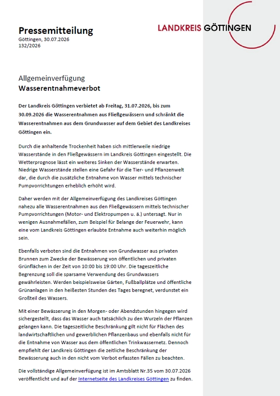 Allgemeinverfügung des Landkreises Göttingen über das Wasserentnahmeverbot gültig von 31.07. bis 30.09.2026&nbsp;&copy;&nbsp;Landkreis Göttingen