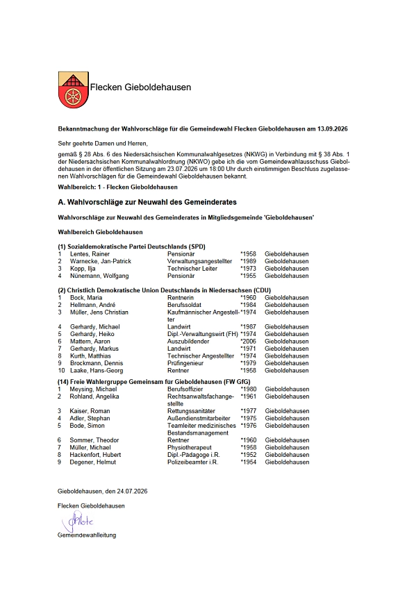 zugelassene Kandidaten für die Gemeindewahl Flecken&nbsp;&copy;&nbsp;Flecken Gieboldehausen