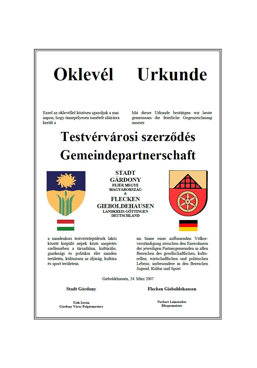 Urkunde Städtepartnerschaft&nbsp;&copy;&nbsp;Flecken Gieboldehausen