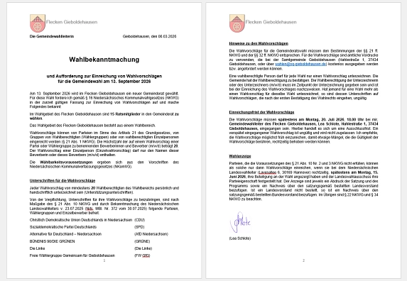 Wahlbekanntmachung
und Aufforderung zur Einreichung von Wahlvorschlägen
für die Gemeindewahl am 13. September 2026&nbsp;&copy;&nbsp;Flecken Gieboldehausen
